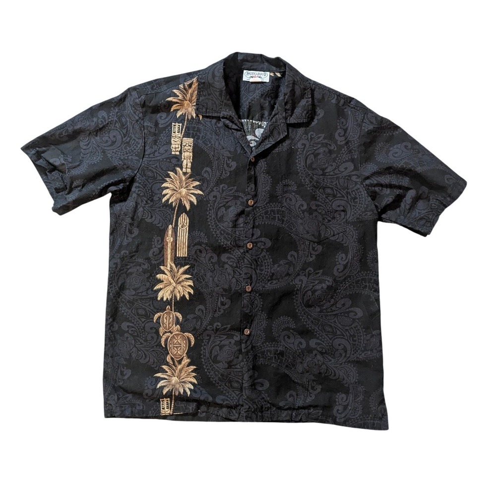 Pacific Legend Shirt Mens L Black Tiki Palm Paisley Aloha Hawaii‎ Made in USA